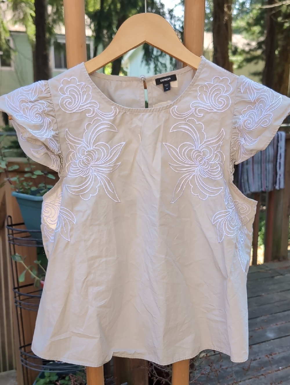 Express Cap Sleeve Ruffled Cream Embroidered Flutter Sleeve Blouse